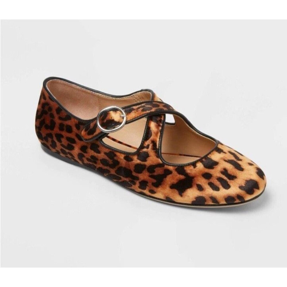 Women's Tasmin Leopard Print Mary Jane Flats Brown Black Size 7 Criss Cross New